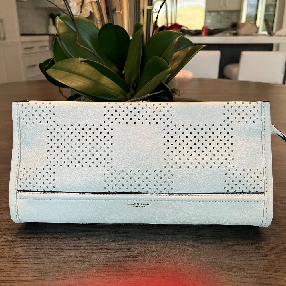 NWOT Isaac Mizrahi Kay Leather Check Perforated Clutch White